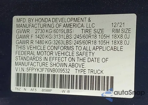 2022 Honda Ridgeline Rtl-E из США, поврежденный, VIN 5FPYK3F76NB009532